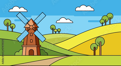 A vibrant illustration of a windmill standing amidst rolling hills and a picturesque landscape under a bright blue sky.