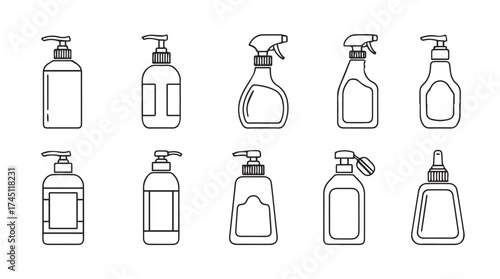 Collection of ten hand drawn cleaning product bottles and dispensers for household use vector