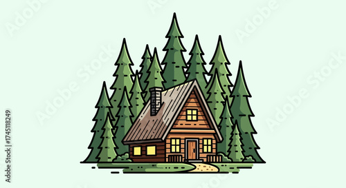 Illustration of a cozy log cabin nestled among tall evergreen trees, evoking a sense of peace and nature.