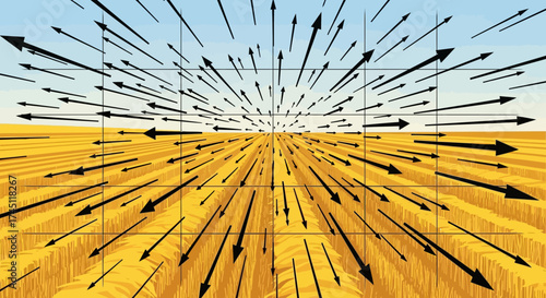 Abstract visualization of a vector field with black arrows radiating over a golden landscape.
