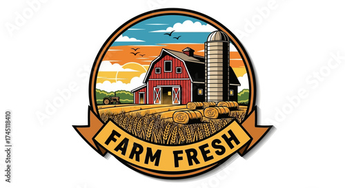 A vintage farm fresh logo with a red barn, silo, and hay bales in a field at sunset.