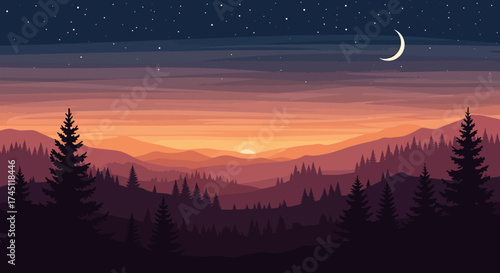 A serene landscape painting depicting a sunset over a range of mountains with pine trees.