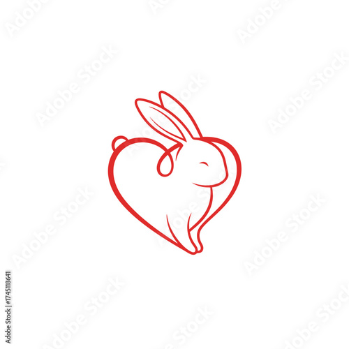 Red line art of a rabbit within a heart shape on white. Simple, minimalist