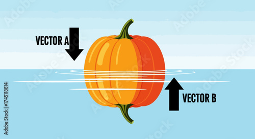 Pumpkin floating on water with vectors A and B indicating forces.