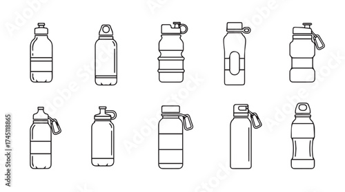 Set of 10 different hand drawn outline sports water bottle icons for fitness and hydration vector