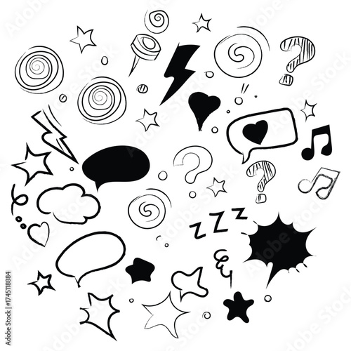 Collection of hand drawn doodle icons including speech bubbles stars clouds lightning bolts and musical notes