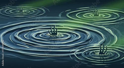 Four ghostly hands emerge from rippling dark water, creating concentric circles of disturbance.