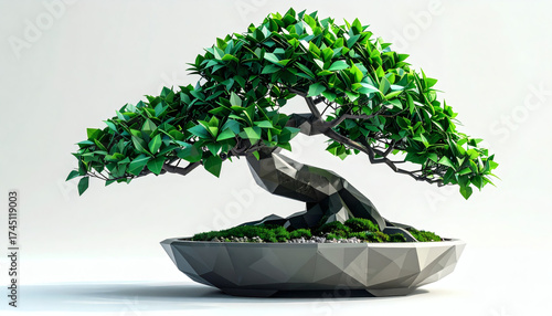 Low-poly bonsai tree with angular green polygon leaves and polygon pot on a white background showcasing geometric nature design, modern 3D miniature tree illustration, and minimalist digital art style