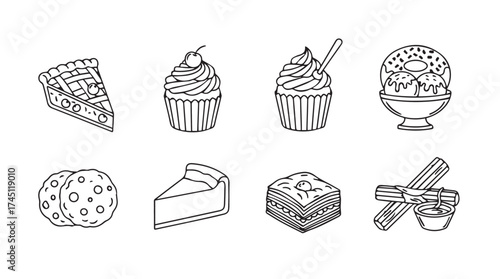 Collection of hand drawn sweet desserts and baked goods icons in sketchy style vector