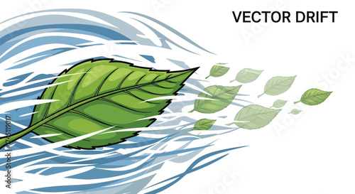 A single green leaf is blown away by a strong gust of wind, leaving a trail of smaller, fading leaves behind.