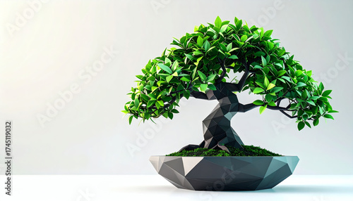 Low-poly bonsai tree with angular green polygon leaves and polygon pot on a white background showcasing geometric nature design, modern 3D miniature tree illustration, and minimalist digital art style