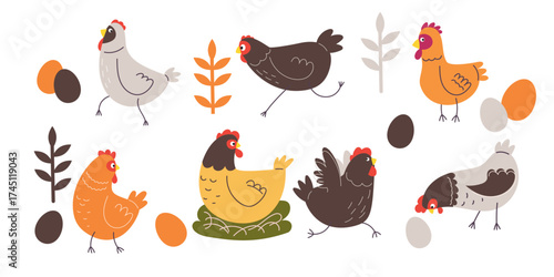 Cute cartoon hens in modern simple flat style set. Farm birds animals collection. Vector illustrations isolated on white background.,