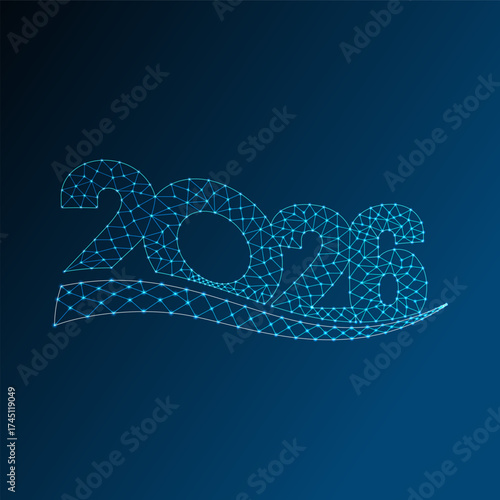 Futuristic 2026 digital design with glowing polygonal network lines, blue neon grid, technology concept, modern innovation, and cyber new year theme.