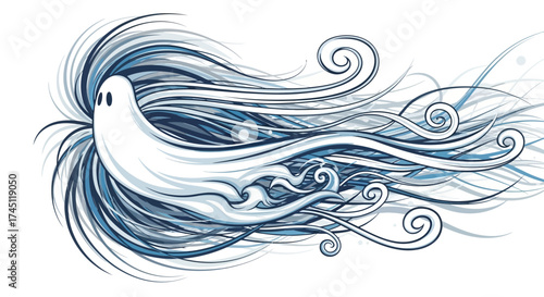 A whimsical illustration of a ghost with flowing, ethereal hair, rendered in shades of blue and white.