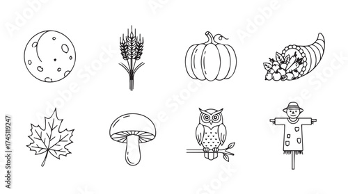 Hand-drawn autumn harvest icons featuring pumpkin owl scarecrow wheat maple moon mushroom cornucopia vector