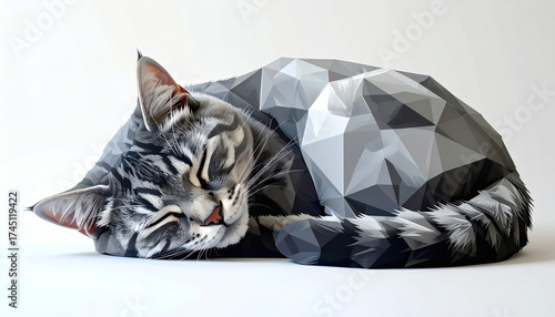 Polygonal cat curled up with angular gray polygons on a white background showcasing geometric animal design, modern 3D feline illustration, and minimalist digital art style