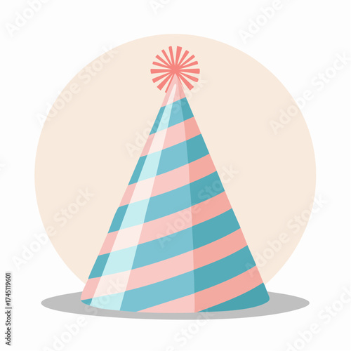 A striped party hat in pastel colors, featuring pink and blue stripes, topped with a pom-pom, set against a light beige circle.