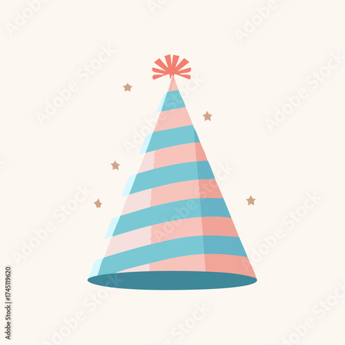 A party hat with pink and blue stripes, topped with a pompom, surrounded by small stars.