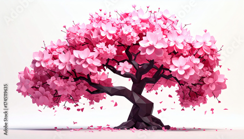 Polygonal cherry blossom tree with pink polygon flowers on a white background showcasing geometric nature design, modern 3D floral illustration, and minimalist digital art style