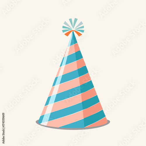 Festive cone-shaped hat with diagonal pastel stripes, a fun accessory for anniversary parties and happy celebrations