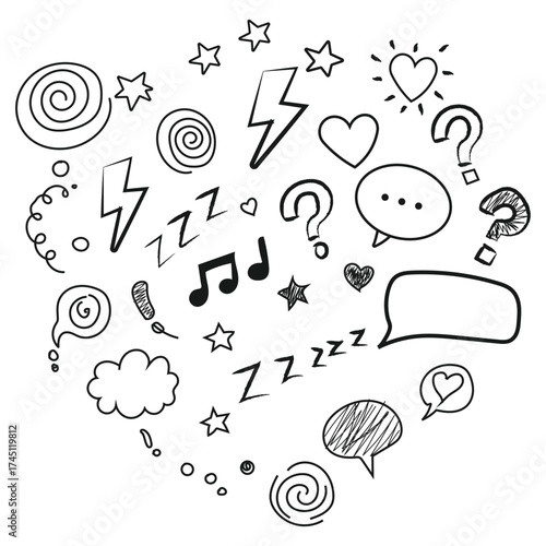 Collection of hand drawn doodle icons including hearts stars lightning bolts musical notes question marks and speech bubbles
