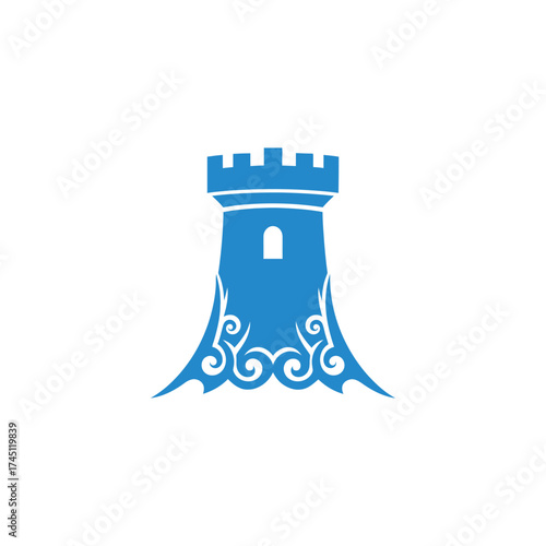Blue tower-shaped emblem with crenellations and stylized flourishes at the base