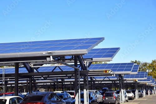 Solar panels are installed on the roof of the parking lot.