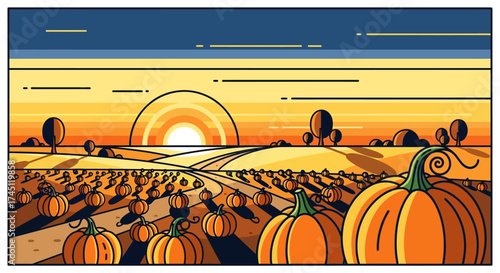 A vibrant illustration of a pumpkin patch at sunset, with a field of pumpkins and a colorful sky.