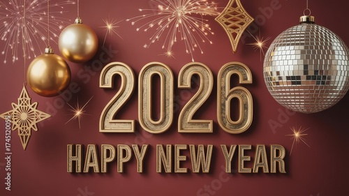 Golden 3D text '2026 HAPPY NEW YEAR' with festive ornaments, fireworks, and sparkles on a reddish-brown background.