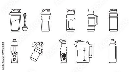Collection of hand drawn sketch style protein shaker bottles and water bottles vector