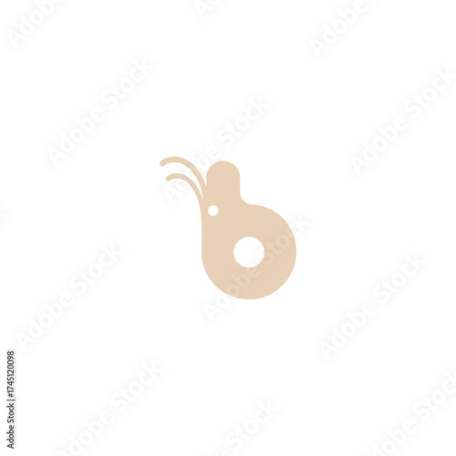 A beige, abstract shape with a hole and two lines, like an insect, on a white background