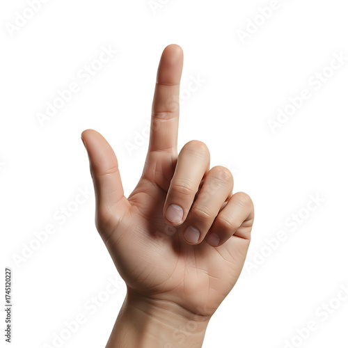 Human hand with index finger pointing up isolated on white.