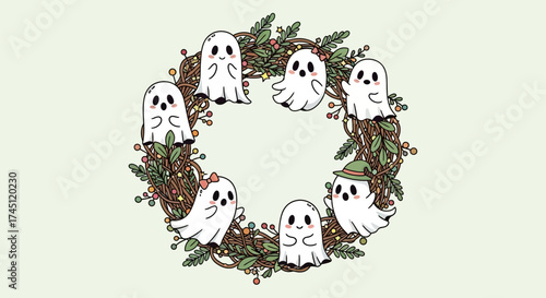 A whimsical illustration featuring a wreath adorned with several cute cartoon ghosts.