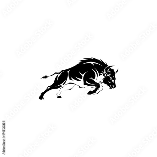 A charging black animal silhouette with horns and a spiky mane