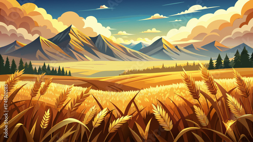 Golden wheat field glowing in afternoon light with soft clouds floating near mountains, detailed vector design expressing serenity, growth, and harmony of nature.