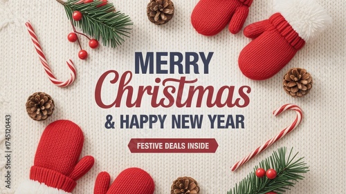 A festive Christmas and New Year greeting card with red mittens, candy canes, pine cones, and fir branches arranged around the central text.