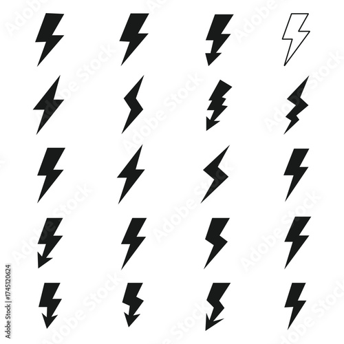 Collection of diverse lightning bolt icons and symbols for energy and power concepts