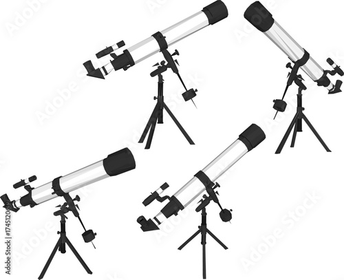 Vector sketch illustration of a modern telescope design with a tripod to observe distant objects, planets and stars to see them more clearly