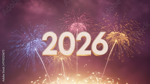 Golden 2026 text with vibrant fireworks exploding in a dark night sky, celebrating a new year or special event.