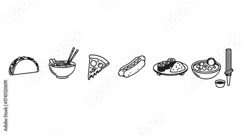 Hand drawn doodle icons set delicious fast food and asian cuisine for quick service restaurant menu vector