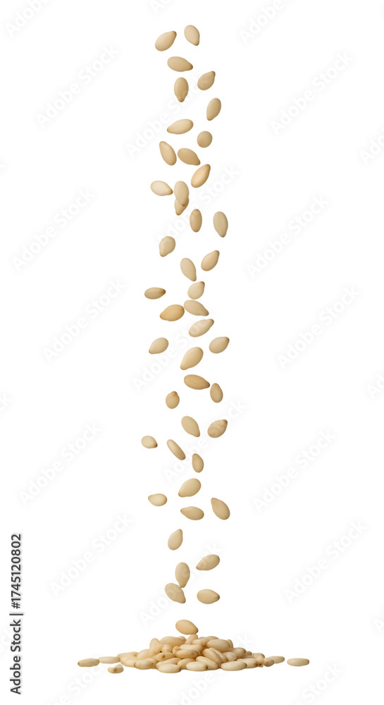Obraz premium Pumpkin seeds falling in a stream onto a pile of seeds.
