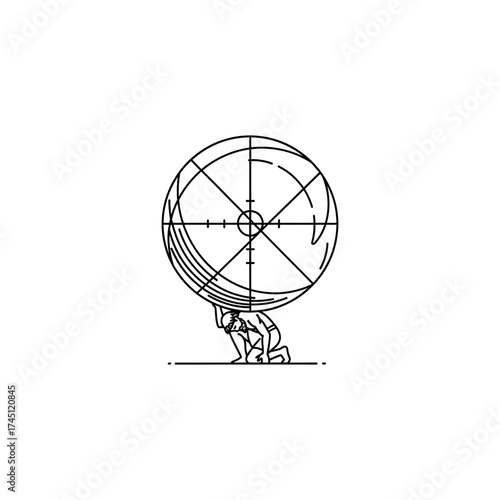A person is depicted carrying a segmented sphere with crosshairs. Monochrome drawing, minimalist style