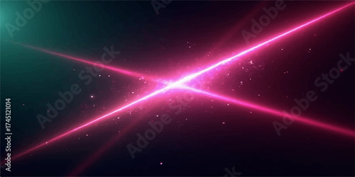 Bright, abstract pink light art illuminates a starry night sky design, a futuristic space galaxy vector backdrop with glowing laser rays