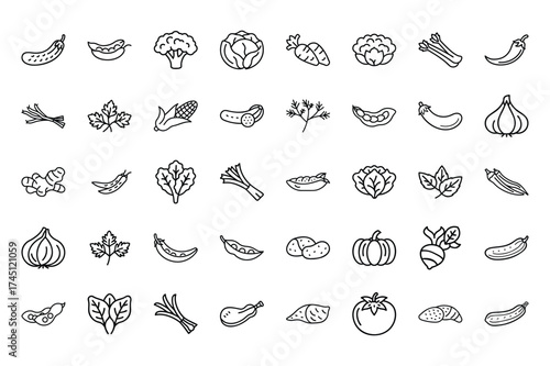 Vegetable Outline Vector Icon Set – Healthy Food, Farm Fresh, Organic Produce and Nutrition Symbols