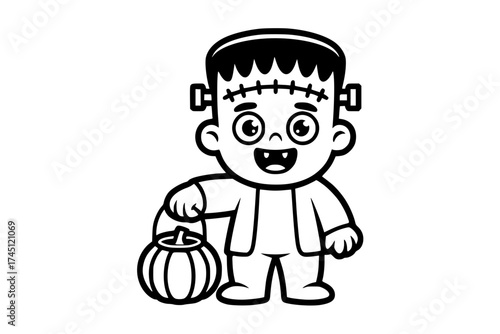 Cute Frankenstein Carrying Pumpkin Lantern Cartoon Vector – Black and White coloring page generative ai