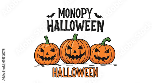 A festive Halloween graphic featuring three spooky carved jack-o'-lanterns and text.