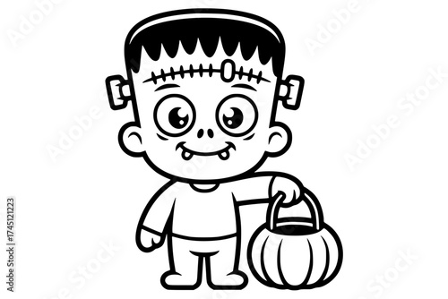 Cute Frankenstein Carrying Pumpkin Lantern Cartoon Vector – Black and White coloring page generative ai