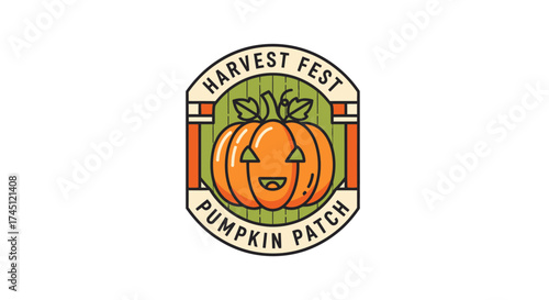 Cartoon pumpkin with a smiling face, set in a Harvest Fest Pumpkin Patch themed badge design.