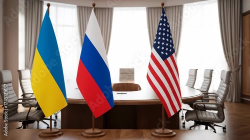 The national flags of Ukraine Russia and the United States of America stand together on an empty conference table symbolizing trilateral international relations or diplomatic negotiations


