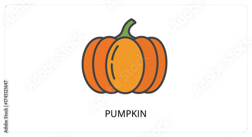 Illustration of a pumpkin with orange skin and a green stem on a white background.